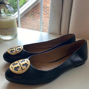 Tory Burch Black and Gold Leather Ballet Flats